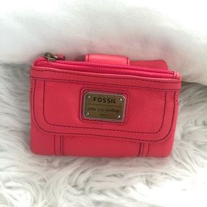 Fossil leather wallet in bright coral